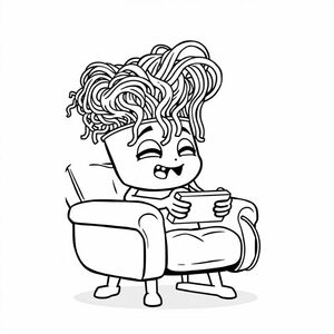 A cup of ramen with noodles as its hair, playing a video game in a lazyboy recliner