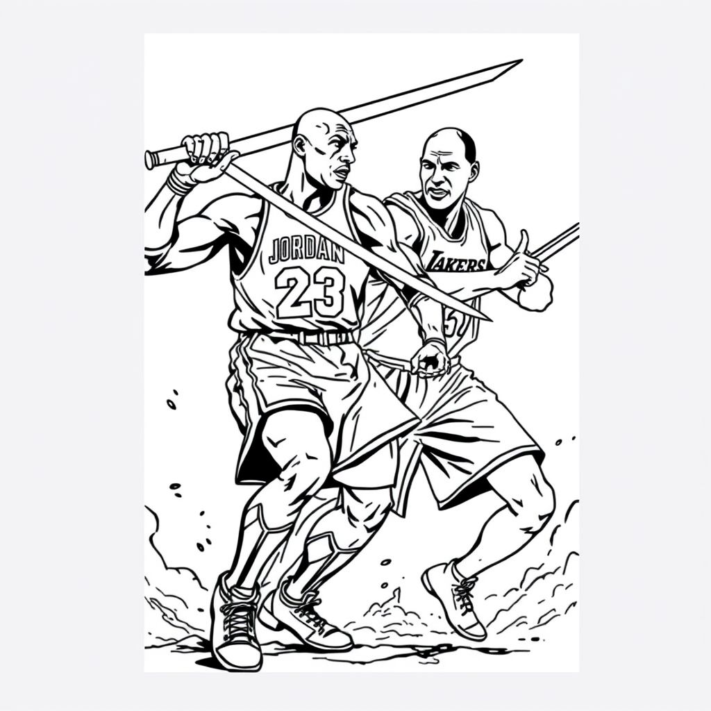 Michael Jordan battling Kobe Bryant with armor and swords
