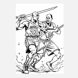 Michael Jordan battling Kobe Bryant with armor and swords
