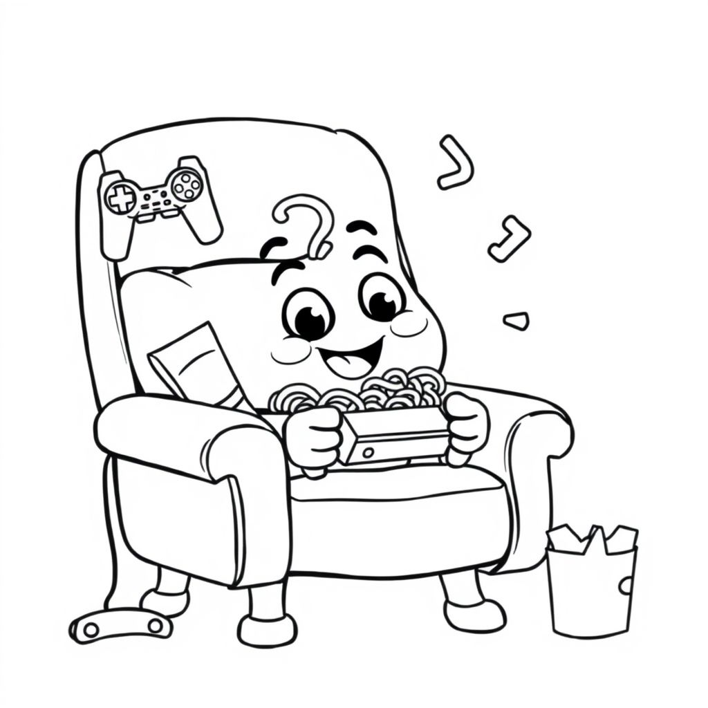A bowl of ramen playing video games on a lazyboy recliner