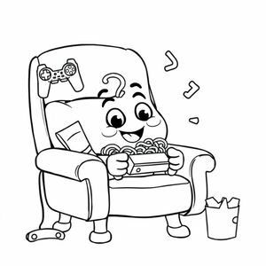A bowl of ramen playing video games on a lazyboy recliner