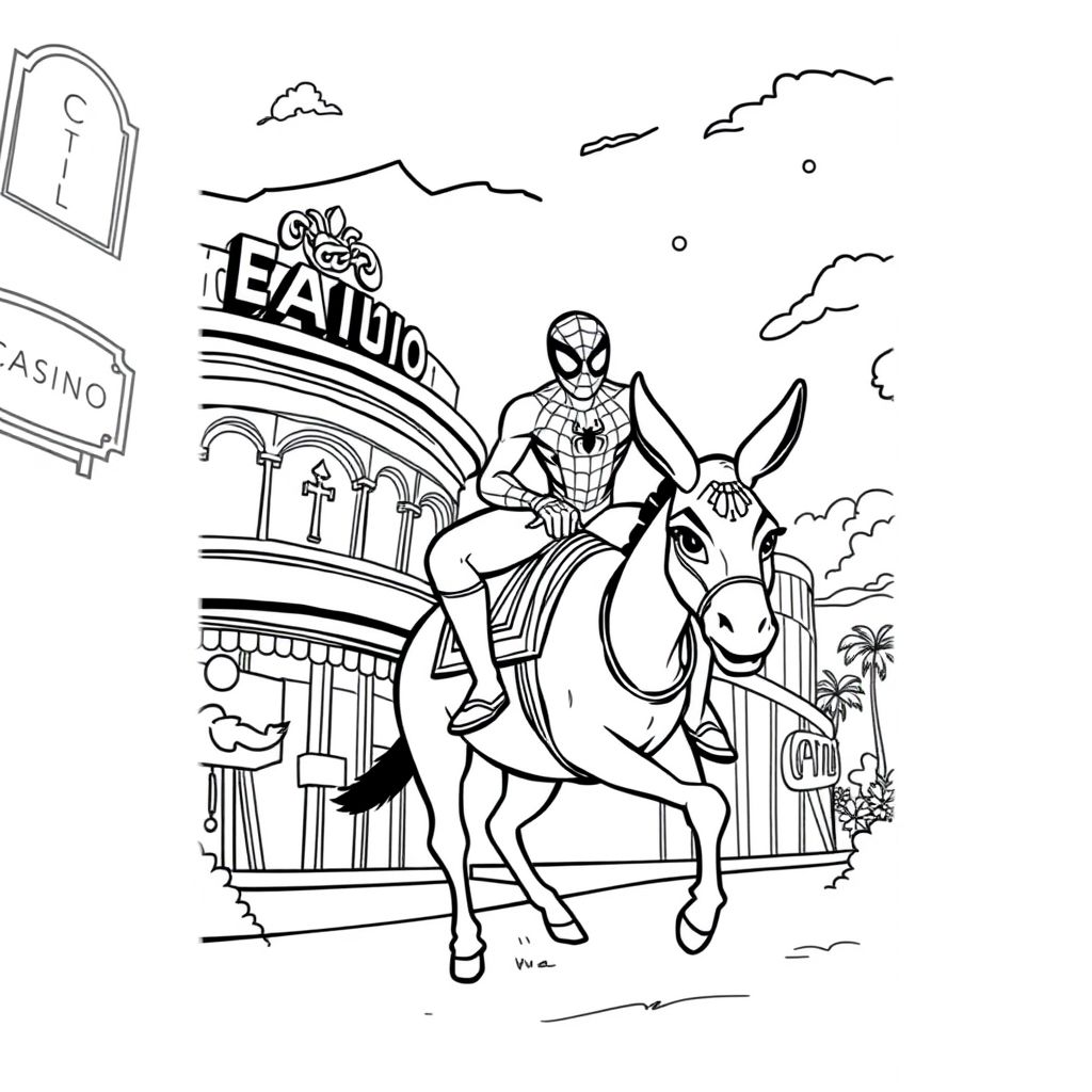 Spiderman riding a donkey on the way to the Casino