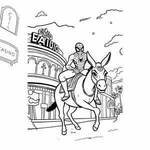 Spiderman riding a donkey on the way to the Casino