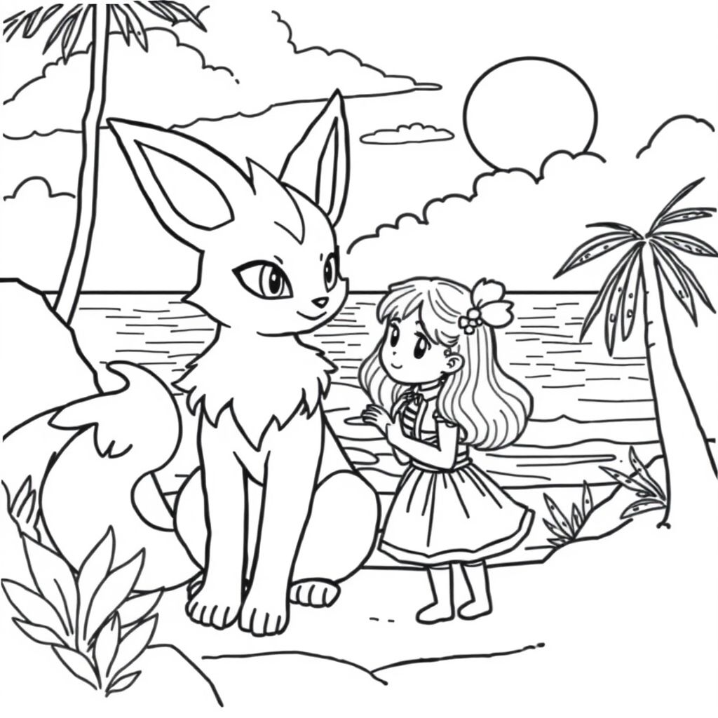 Coloring page with Vulpix and a little girl by the ocean on a sunny day