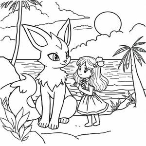 Coloring page with Vulpix and a little girl by the ocean on a sunny day