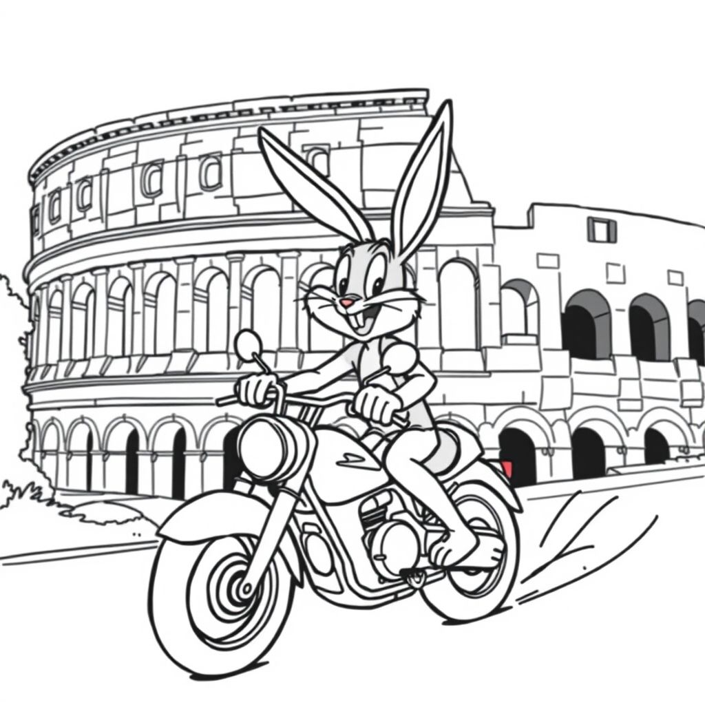 Bugs Bunny riding a motorcylcle on his way to the colosium