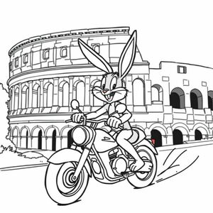 Bugs Bunny riding a motorcylcle on his way to the colosium