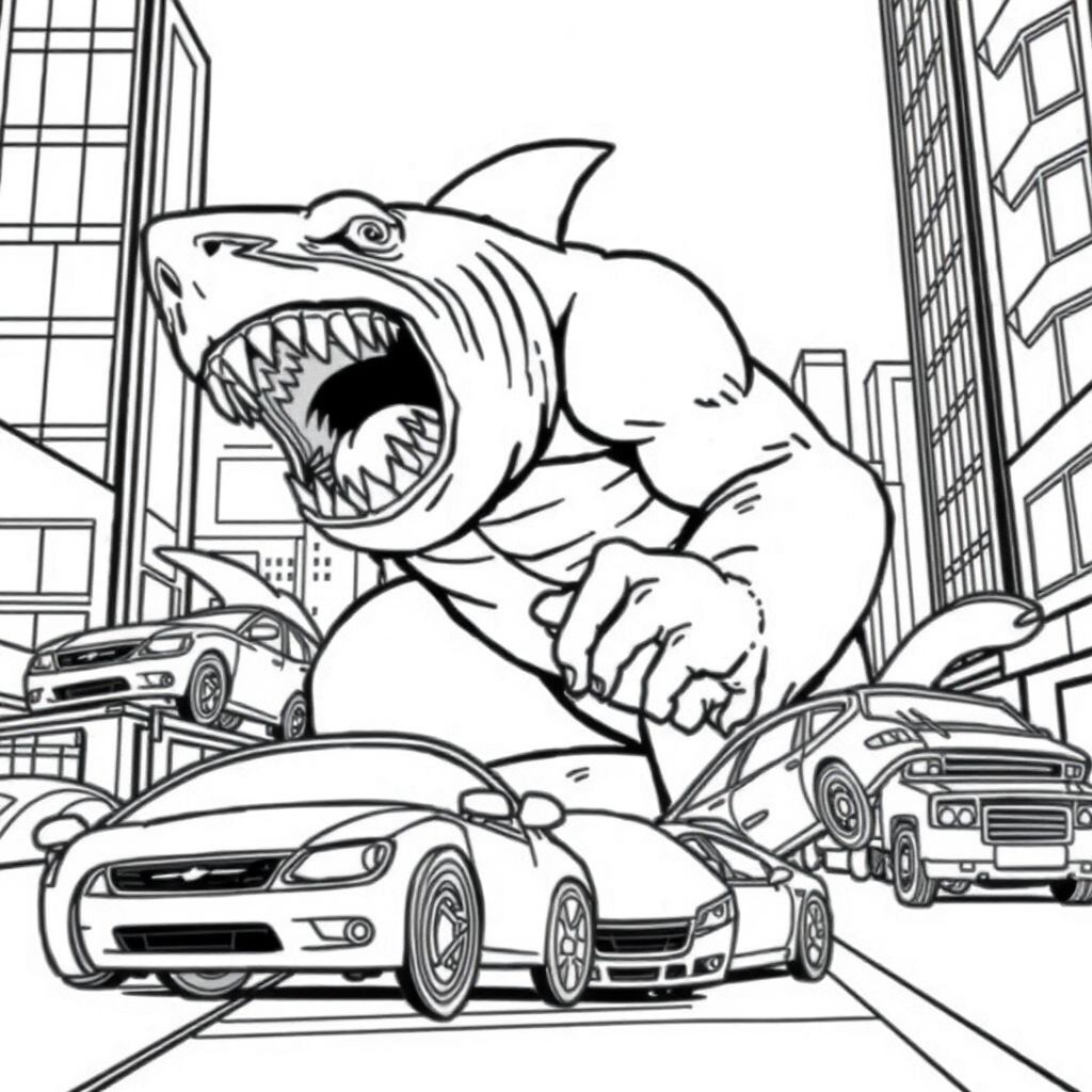 shark and gorilla hybrid monster eating cars