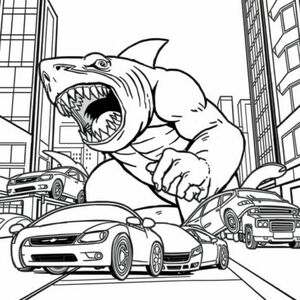 shark and gorilla hybrid monster eating cars