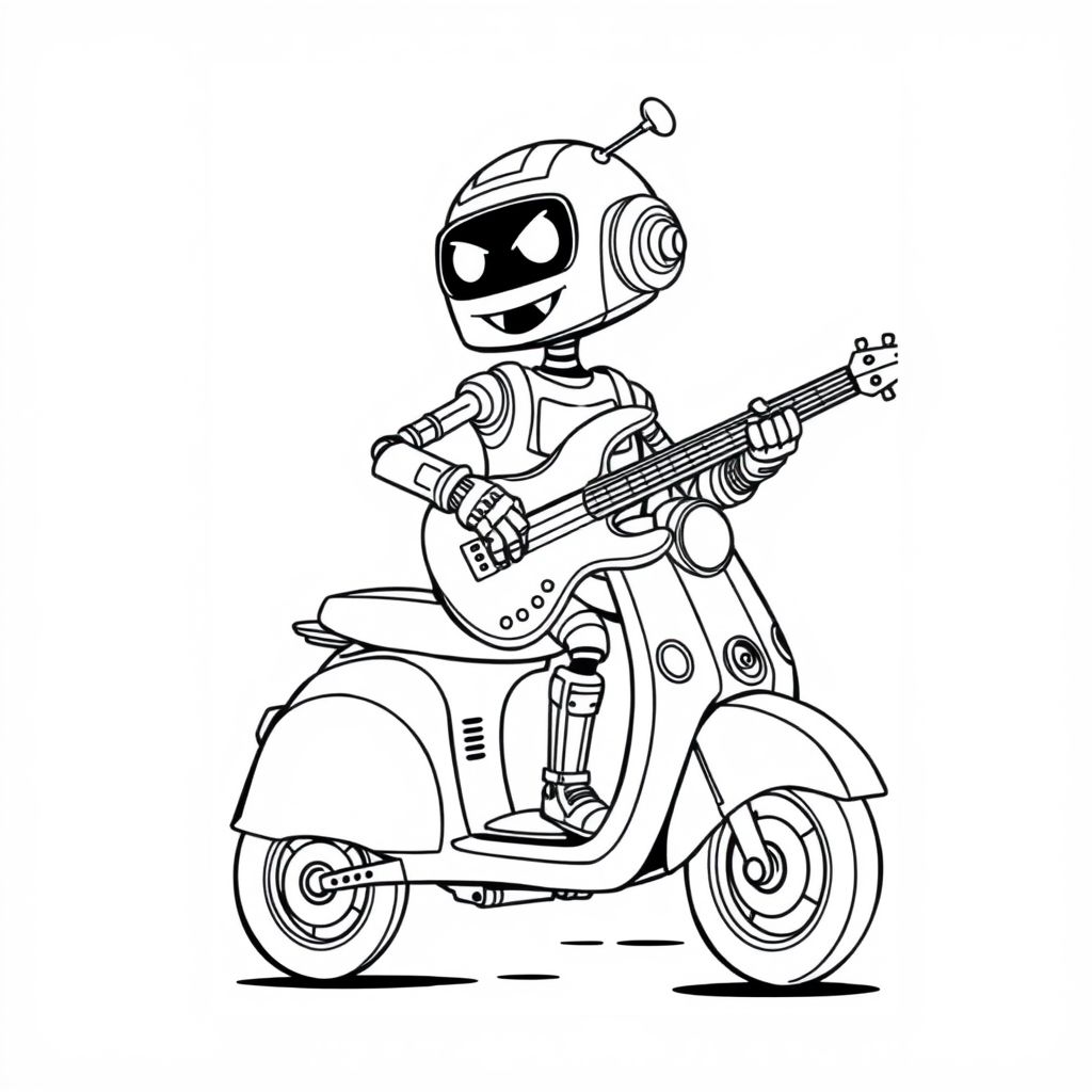 Bass guitar playing pretty robot driving a moped