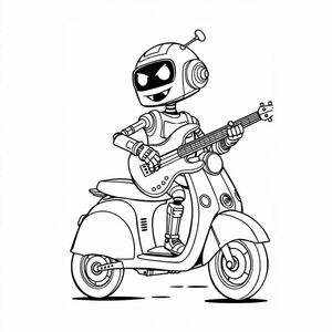 Bass guitar playing pretty robot driving a moped