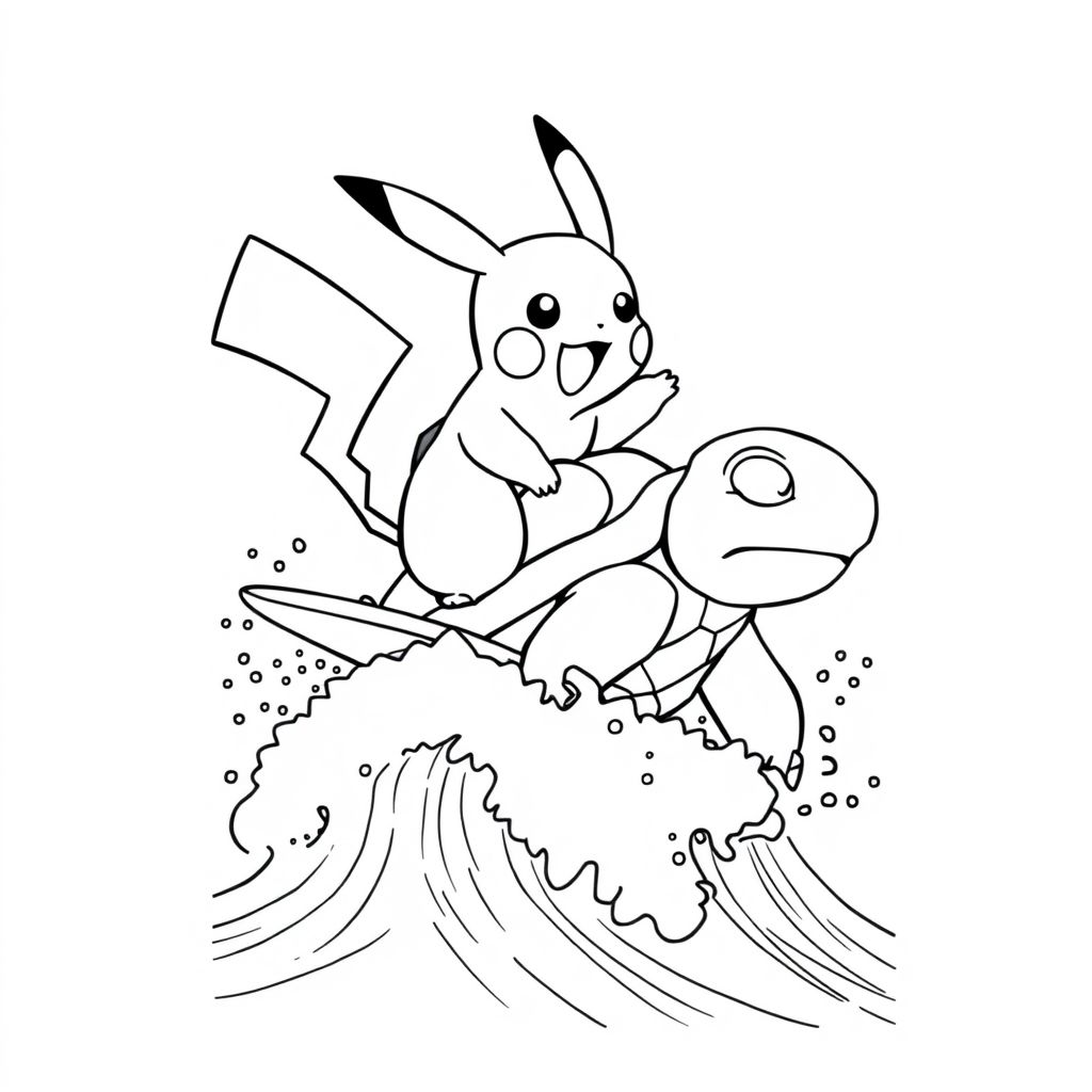 A Pikachu surfing on the back of a Blastoise