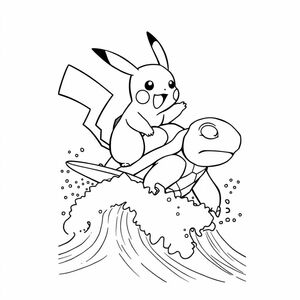 A Pikachu surfing on the back of a Blastoise