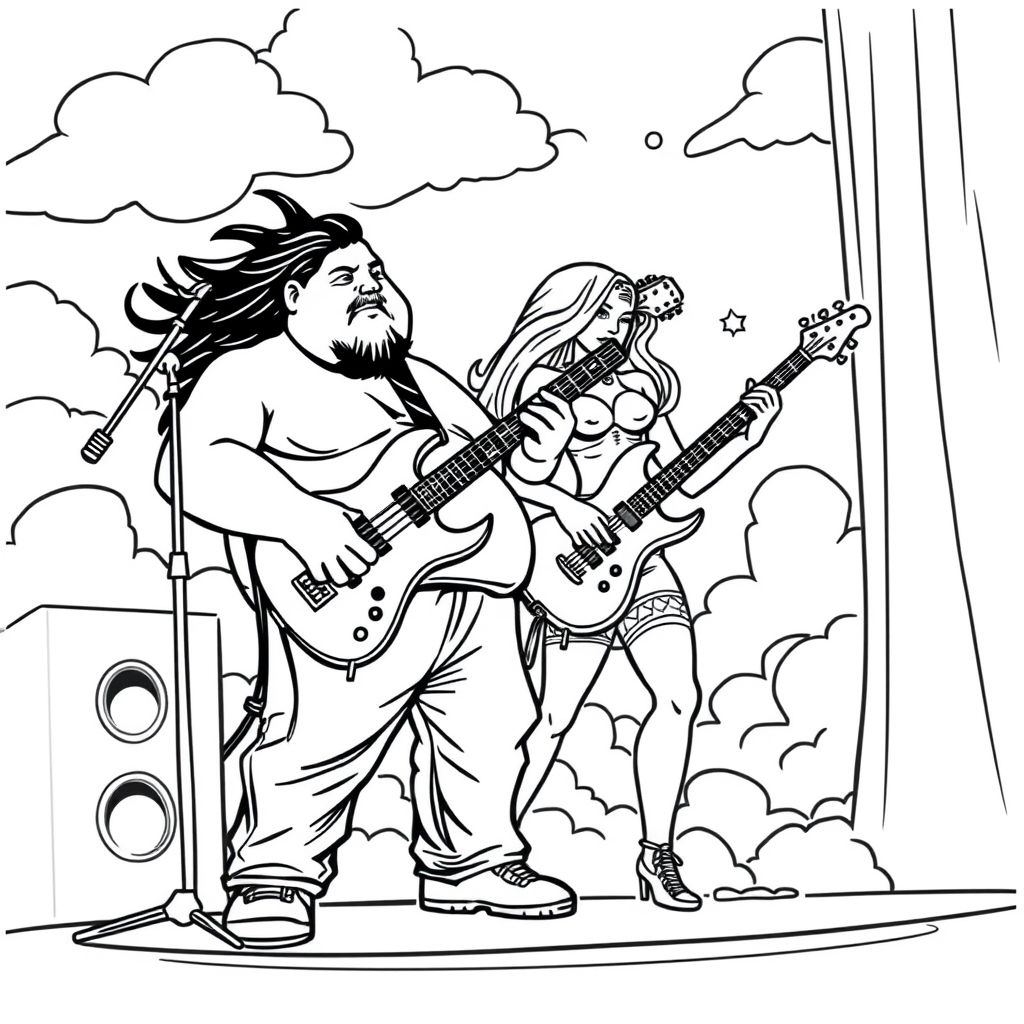 fat guy playing guitar and hot chick playing bass on stage in the clouds