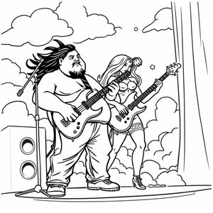 fat guy playing guitar and hot chick playing bass on stage in the clouds