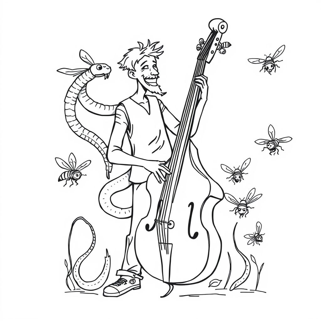 bass player with snakes for arms jamming with wasps