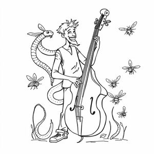 bass player with snakes for arms jamming with wasps