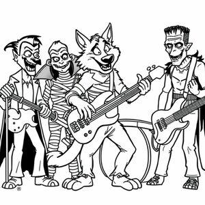 werewolf playing bass guitar with the mummy playing drums, dracula and the creature from the black lagoon playing electric guitars and frankenstein singing 