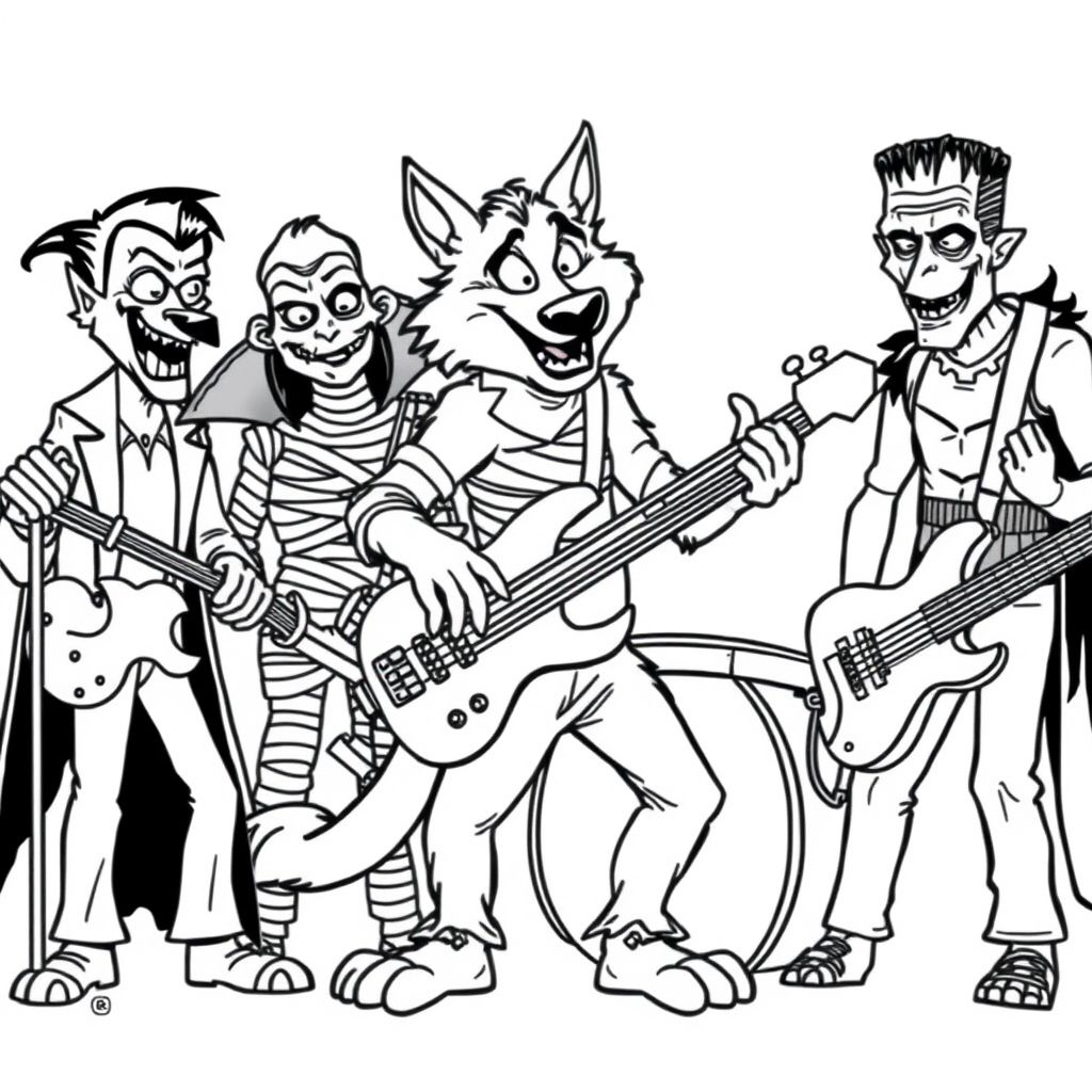 werewolf playing bass guitar with the mummy playing drums, dracula and the creature from the black lagoon playing electric guitars and frankenstein singing 