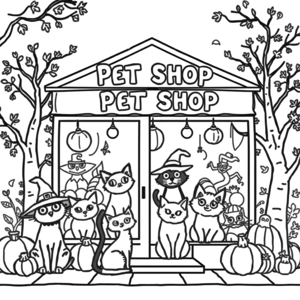 Cute, whimsical Halloween style storefront, pet shop selling different breeds of witches cats, with detailed autumn themed background.