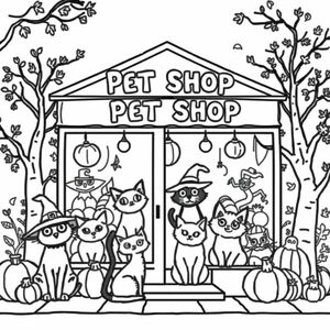 Cute, whimsical Halloween style storefront, pet shop selling different breeds of witches cats, with detailed autumn themed background.