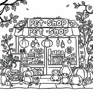 Cute, whimsical Halloween style storefront, pet shop selling different types of spiders, snakes, and toads, with detailed autumn themed background.