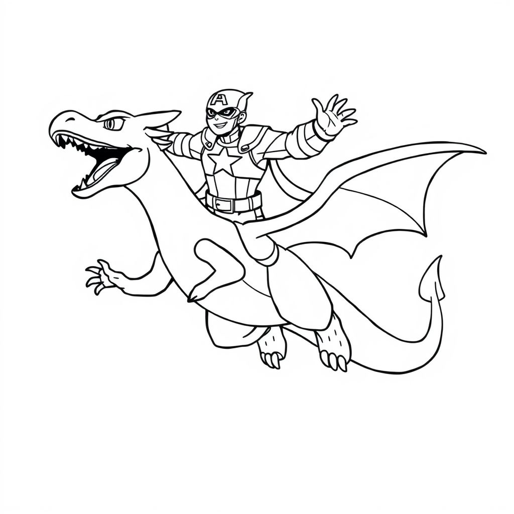 Captain America flying on the back of a Charizard