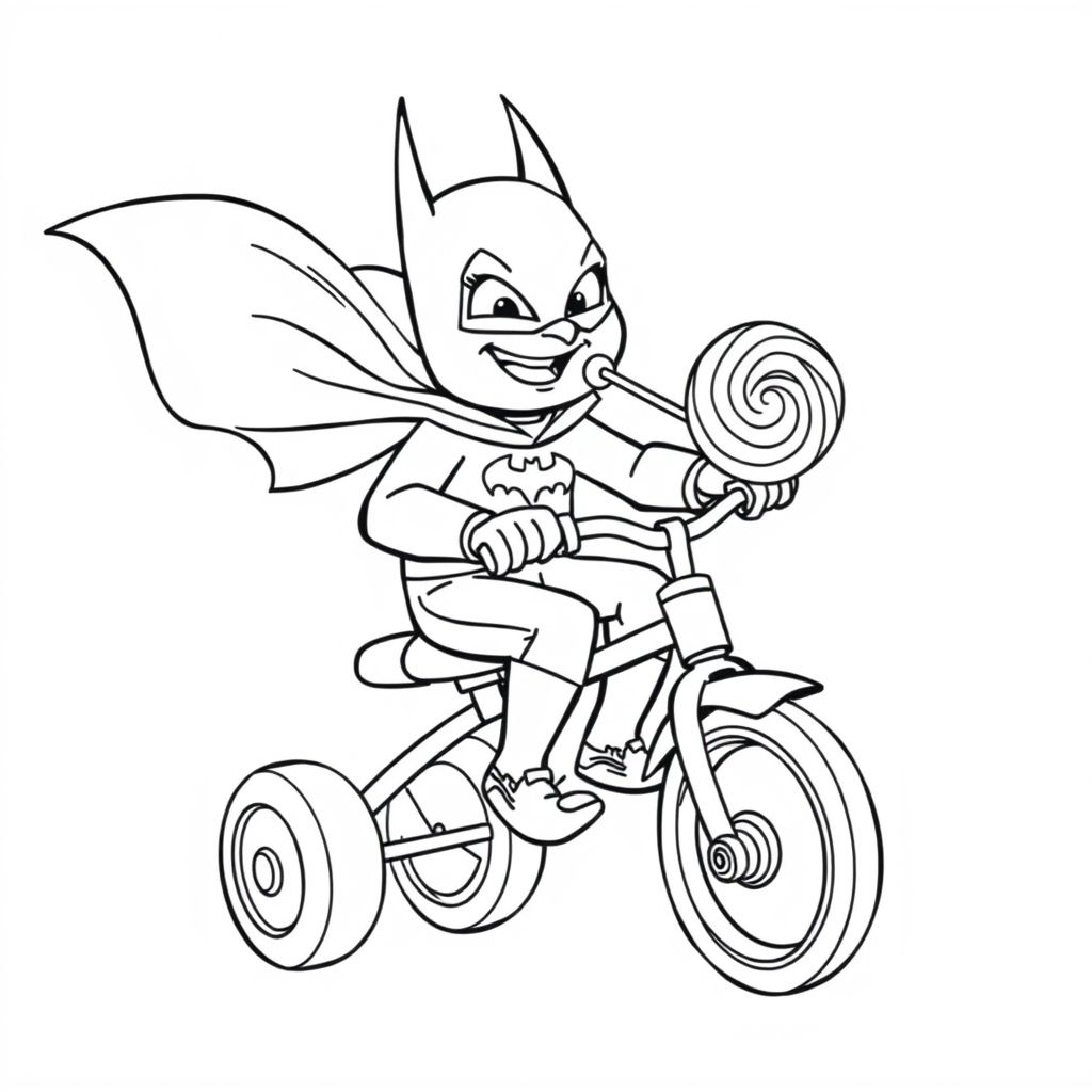 Batman riding on a tricycle eating a lollipop