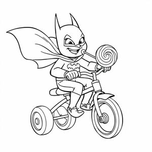 Batman riding on a tricycle eating a lollipop