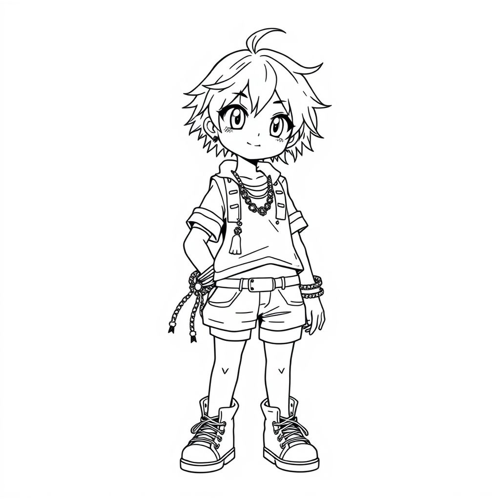 Anime-style character, standing pose, line art illustration, youthful girl with short and tousled hair, wearing layered clothing with numerous bracelets and accessories, monochrome, detailed, centered composition, energetic mood