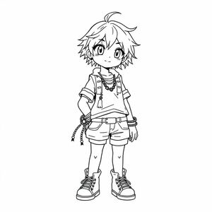 Anime-style character, standing pose, line art illustration, youthful girl with short and tousled hair, wearing layered clothing with numerous bracelets and accessories, monochrome, detailed, centered composition, energetic mood