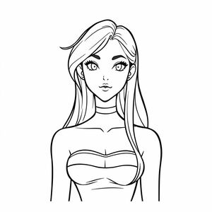 A digital line art sketch of a stylized female character. The character has long red hair and a confident expression. She is wearing a strapless top and a choker necklace. The art style is clean and minimalist, with contrasting black and bold outlines. The composition is centered and balanced with a focus on symmetry, giving a calm and neutral mood.