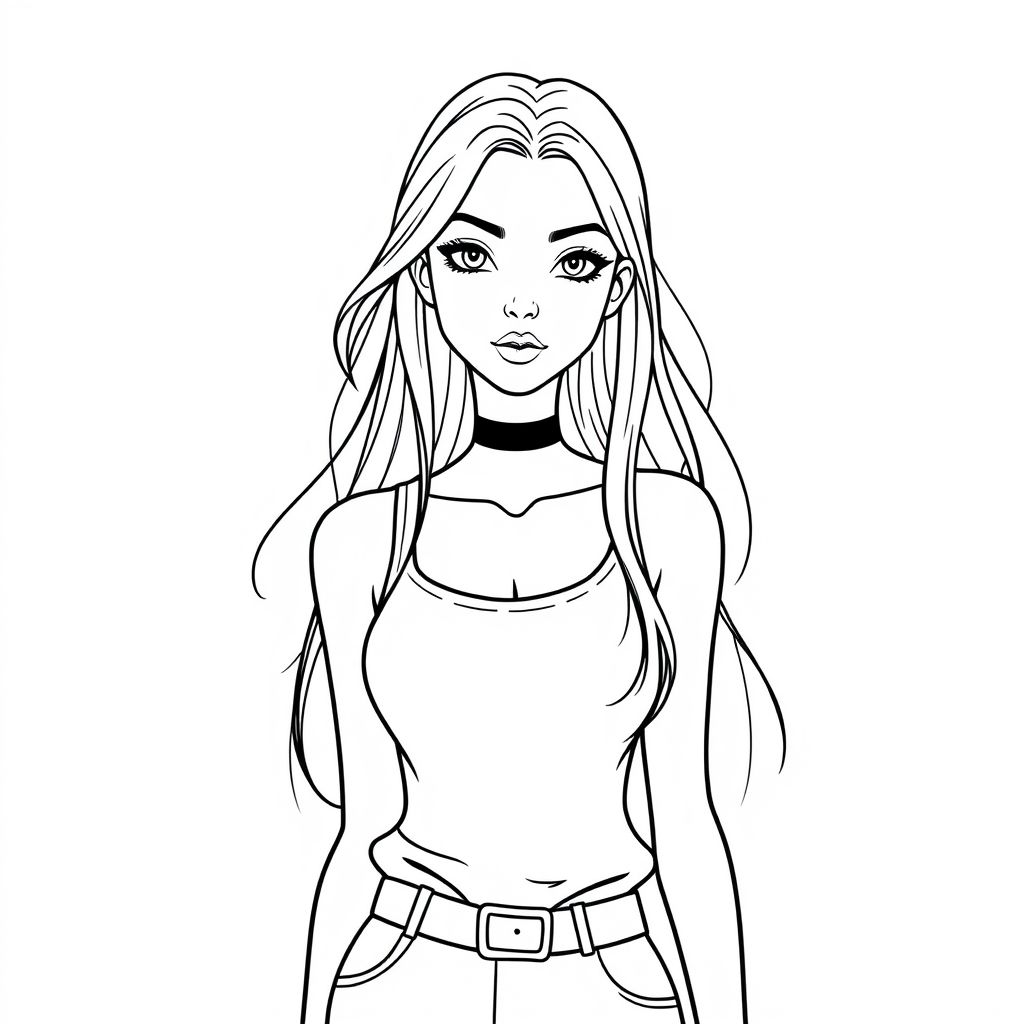 A digital line art sketch of a stylized female character. The character has long hair and a confident expression. She is wearing a tank top top and a choker necklace. The art style is clean and minimalist, with contrasting black and bold outlines. The composition is centered and balanced with a focus on symmetry, giving her a gothic mood.