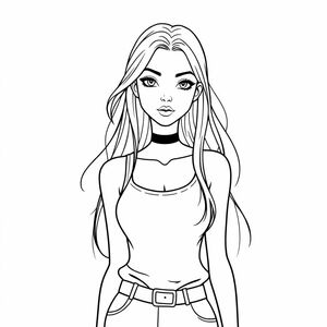 A digital line art sketch of a stylized female character. The character has long hair and a confident expression. She is wearing a tank top top and a choker necklace. The art style is clean and minimalist, with contrasting black and bold outlines. The composition is centered and balanced with a focus on symmetry, giving her a gothic mood.