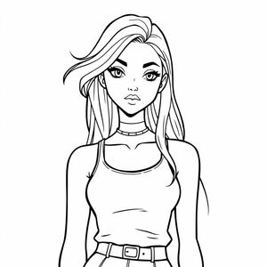 A digital line art sketch of a stylized female character. The character has long hair and a confident expression. She is wearing a tank top top and a choker necklace. The art style is clean and minimalist, with contrasting black and bold outlines. The composition is centered and balanced with a focus on symmetry, giving the image a gothic atmosphere.