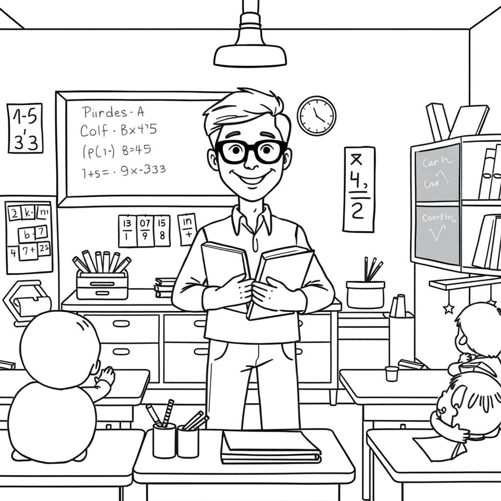 A short male teacher in an elementary classroom