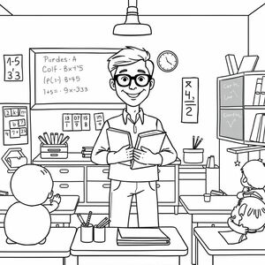 A short male teacher in an elementary classroom