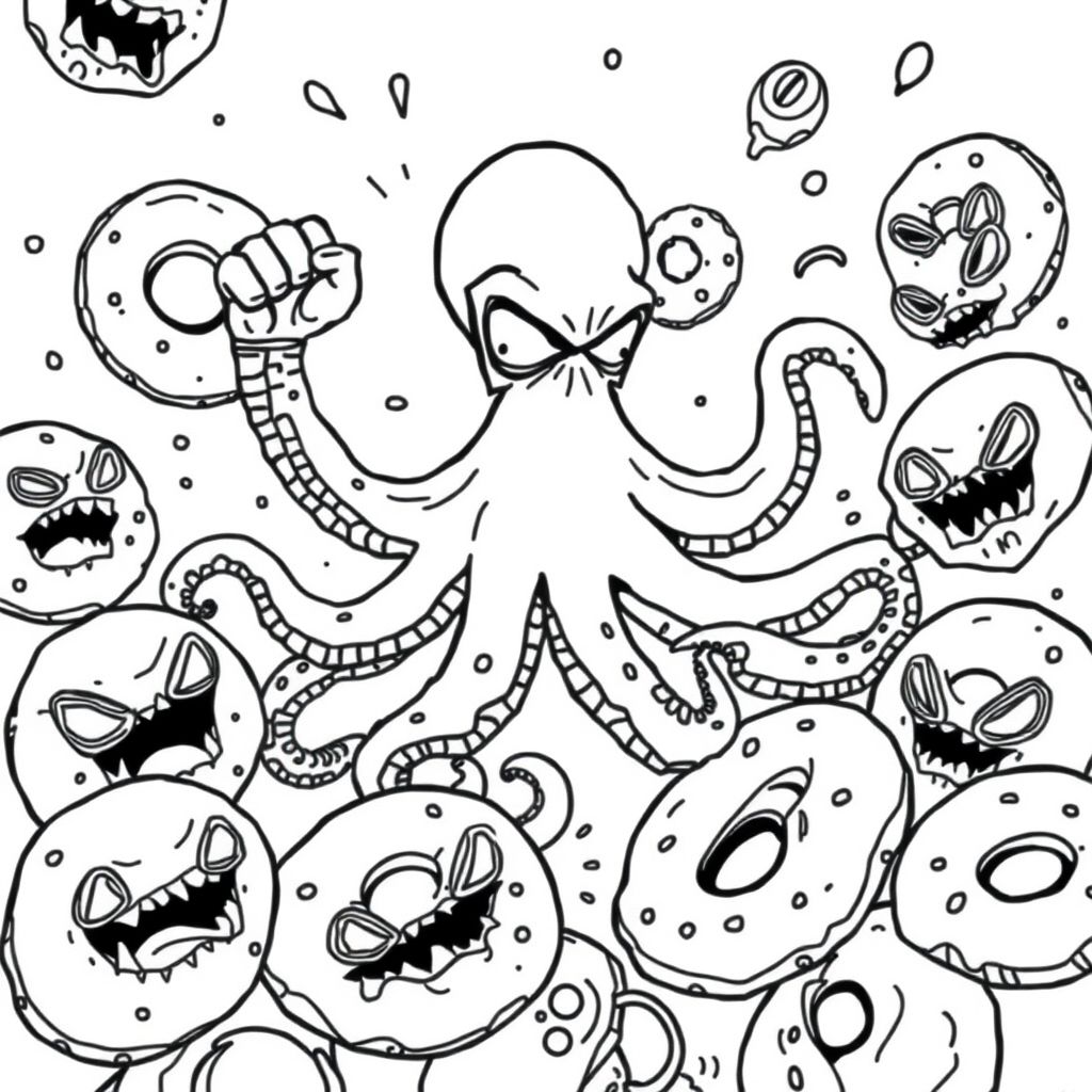 outrageous action shot of an octopus superhero fighting aggressive alien donuts
