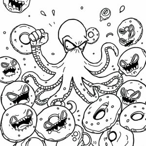 outrageous action shot of an octopus superhero fighting aggressive alien donuts
