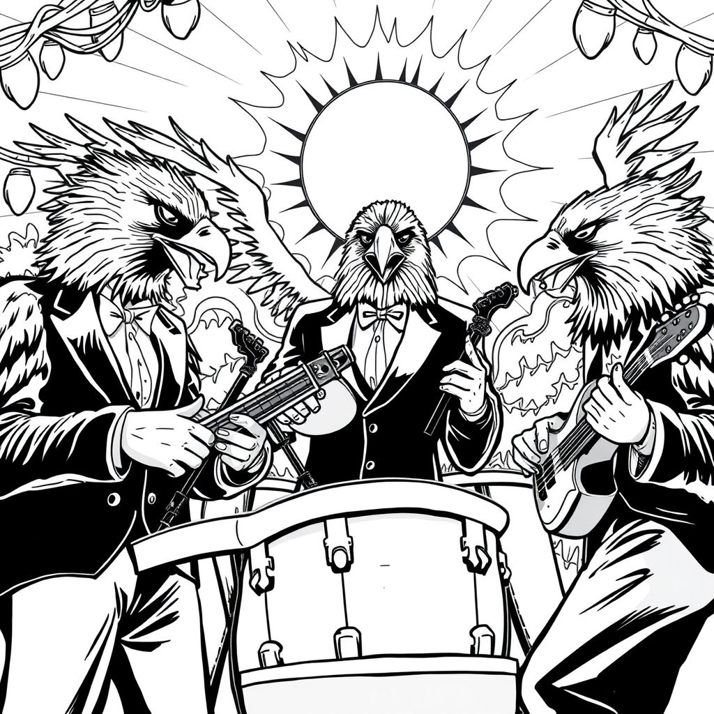 Chaotic scene where eagle man hybrids wearing tuxedos are playing in a band at a Octoberfest in Germany under a solar eclipse