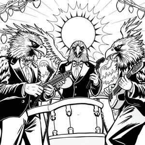 Chaotic scene where eagle man hybrids wearing tuxedos are playing in a band at a Octoberfest in Germany under a solar eclipse