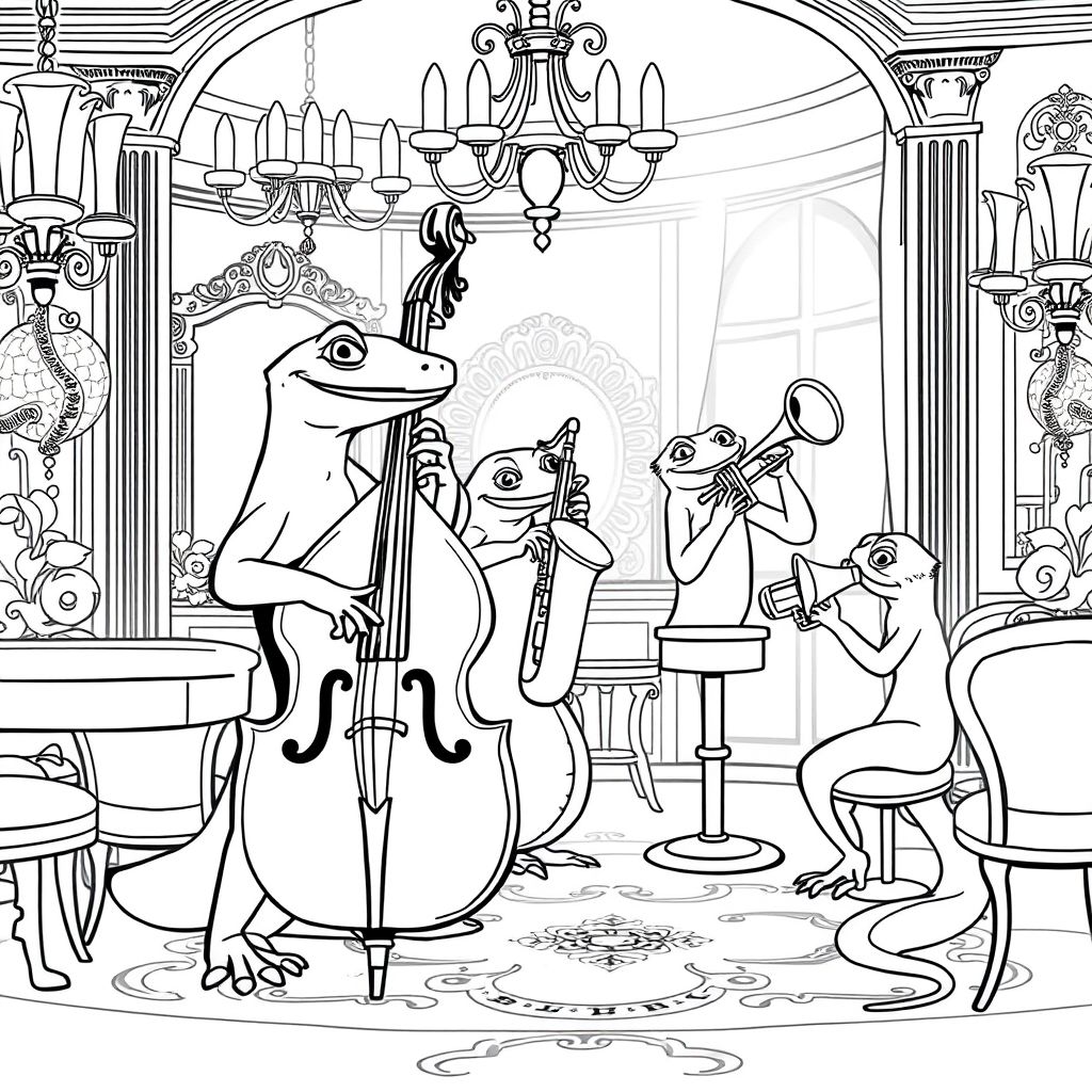Salamanders playing bass in a jazz band at a dinner party at a fancy mansion