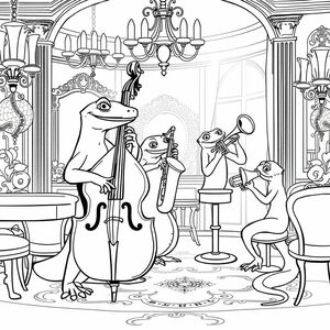 Salamanders playing bass in a jazz band at a dinner party at a fancy mansion