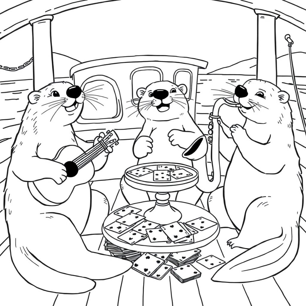 Otters playing jazz in on a river boat with gambling