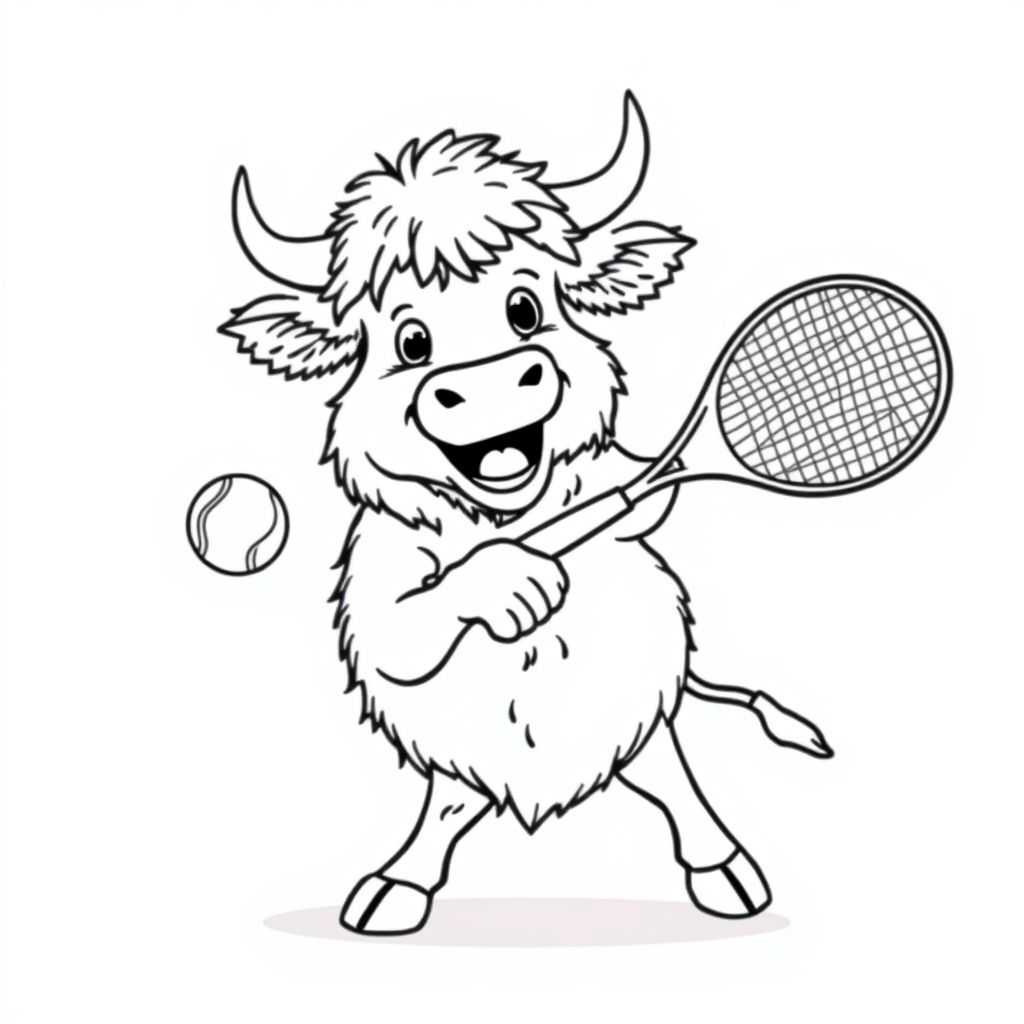 highland cow playing tenis