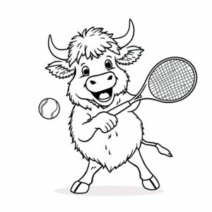highland cow playing tenis