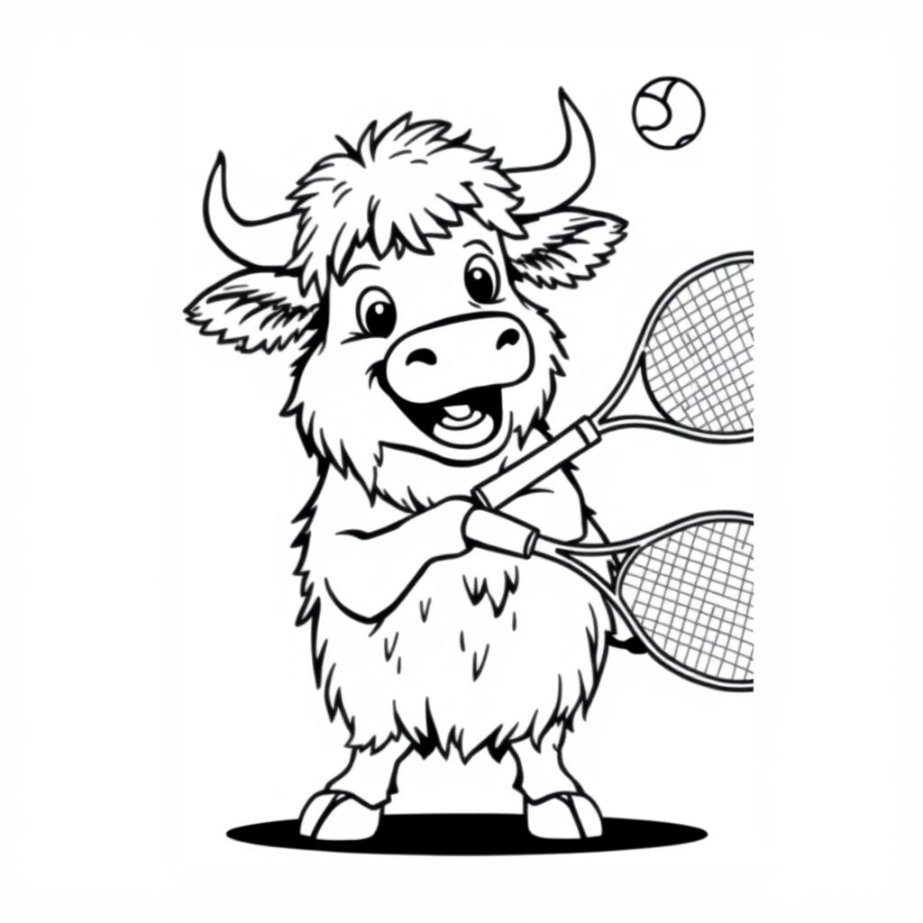 highland cow playing tennis