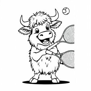 highland cow playing tennis