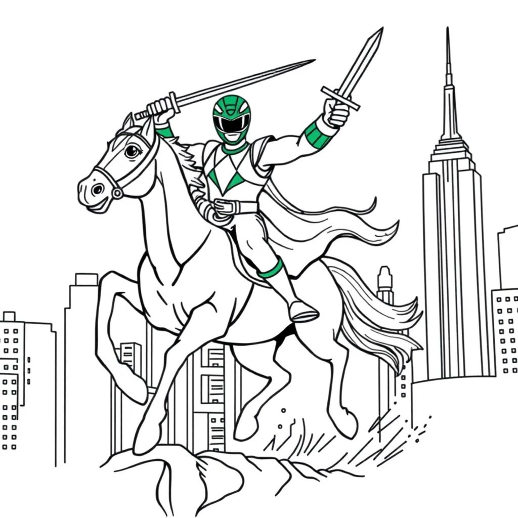 the green power ranger riding a horse with a sword in his hand in new york city 
