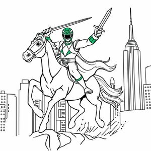the green power ranger riding a horse with a sword in his hand in new york city 
